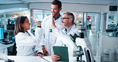 Buy stock photo High five, science and success with people in laboratory together for breakthrough or development. Tablet, microscope and motivation with research team in clinical trial for celebration or target