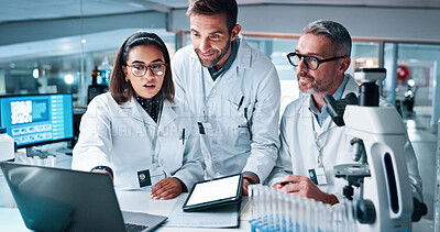 Buy stock photo Collaboration, laptop and science with people in laboratory together for breakthrough or development. Microscope, results and tablet with research team in clinical trial for medical discovery