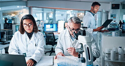 Buy stock photo Laptop, microscope and science with people in laboratory together for breakthrough or development. Computer, DNA and medical sample with research team in clinical trial for cure or discovery
