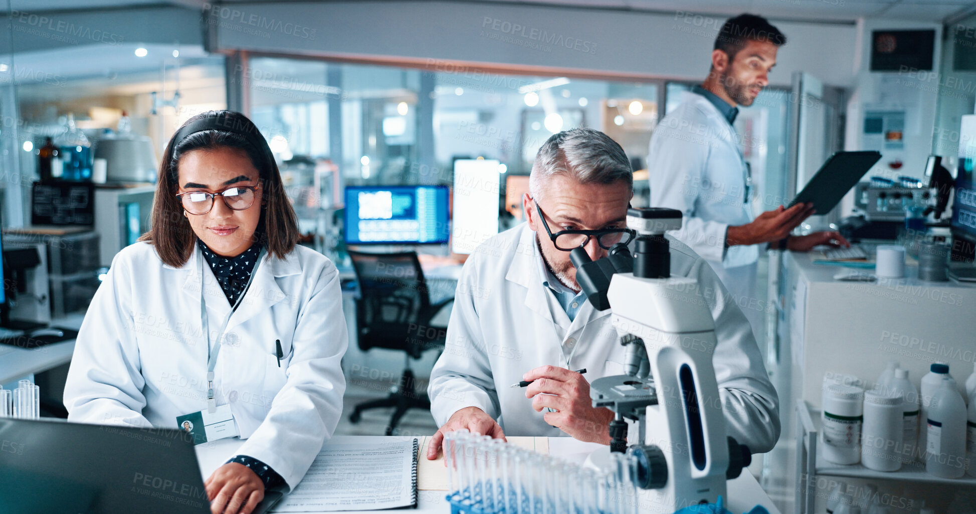 Buy stock photo Laptop, microscope and science with people in laboratory together for breakthrough or development. Computer, DNA and medical sample with research team in clinical trial for cure or discovery