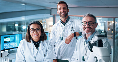 Buy stock photo Collaboration, portrait and science with people in laboratory together for breakthrough or development. Medical, microscope and smile of happy research team in clinical trial for expert discovery