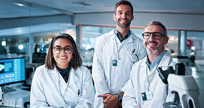 Buy stock photo Medical, portrait and science with people in laboratory together for breakthrough or development. Collaboration, microscope and smile of happy research team in clinical trial for cure or innovation