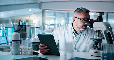 Buy stock photo Scientist, mature man and microscope with tablet, study and medical research for human genome sequence. Person, touchscreen and clinical trial with application, reading and DNA analysis in laboratory