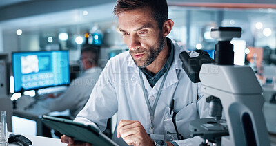 Buy stock photo Research, scientist and man in lab, tablet and internet with medical analysis, healthcare and test results. Person, employee and researcher with tech, cure and digital app with vaccine manufacturing