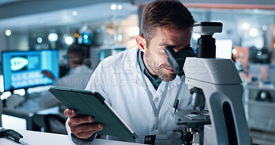 Buy stock photo Scientist, man and microscope with tablet, study and medical research for human genome sequence. Person, touchscreen and clinical trial with application, investigation and DNA analysis in laboratory