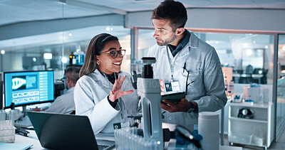 Buy stock photo Collaboration, science and tablet with happy people in lab together for breakthrough or development. Feedback, laptop and microscope with research team in clinical trial for medical discovery