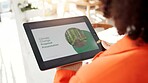 Person, tablet and presentation for climate change in office, information and solution for environment. Back, woman and digital with proposal catalog, eco friendly tips and report for ecology project