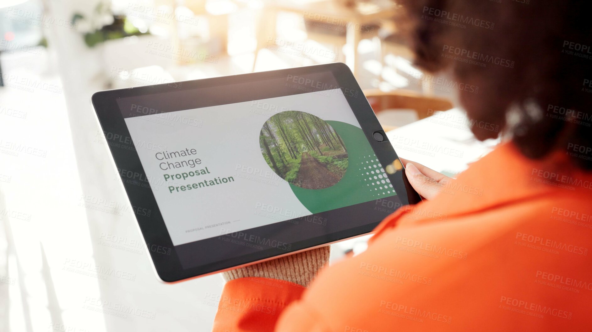 Buy stock photo Person, tablet and presentation for climate change in office, information and solution for environment. Screen, woman or digital with proposal catalog, eco friendly tips or report for ecology project