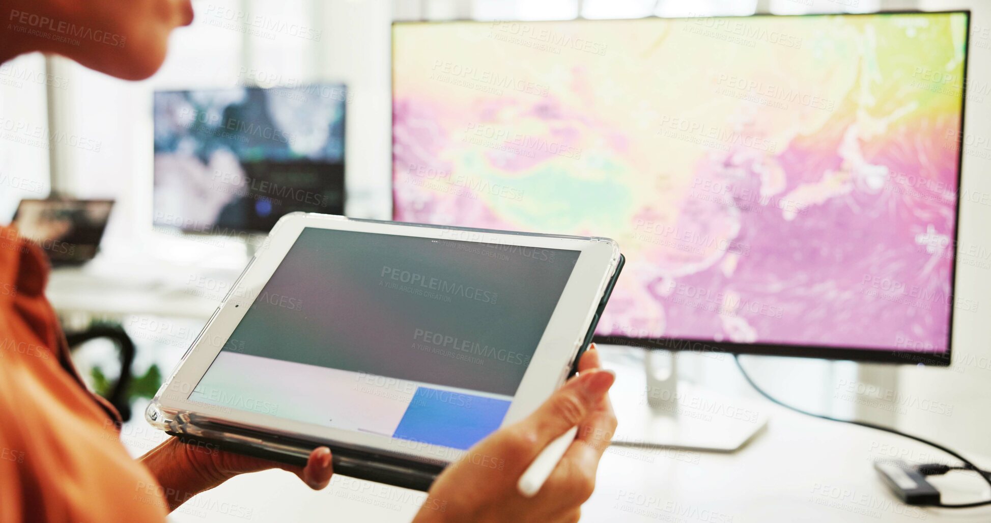 Buy stock photo Screen, engineer and employee with tablet, hands and plan for windmill design, online and renewable energy. Office, designer and person with tech for wind turbine, economic benefits and eco friendly