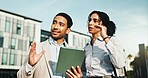 Business, people and explain with tablet in city for planning, engineer team and urban development. Man, woman and talk with digital for information, project management and infrastructure expansion