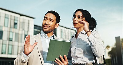 Buy stock photo Business, people and explain with tablet in city for planning, engineer team and urban development. Man, woman and talk with digital for information, project management and infrastructure expansion
