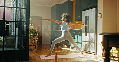 Buy stock photo Balance, stretching and yoga with woman in home for start of holistic, pilates or wellness routine. Warrior pose, exercise and fitness with yogi person in apartment for calm, preparation or warm up
