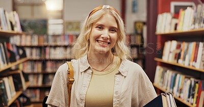 Buy stock photo Portrait, woman and student with books in library for literature, research and study for knowledge. Person, smile and novel for academic information, scholarship and learning for education assignment