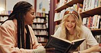 College, students and book with people in library for reading project, discussion and education. University, team assignment and study with friends on campus for knowledge, future and scholarship