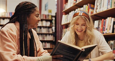 Buy stock photo College, students and book with people in library for reading project, discussion and education. University, team assignment and study with friends on campus for knowledge, future and scholarship