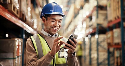 Buy stock photo Manufacturing, smile or man with cellphone, warehouse or connection with schedule review. Happy person, mobile user or employee in factory, smartphone or digital app for email, social media or export