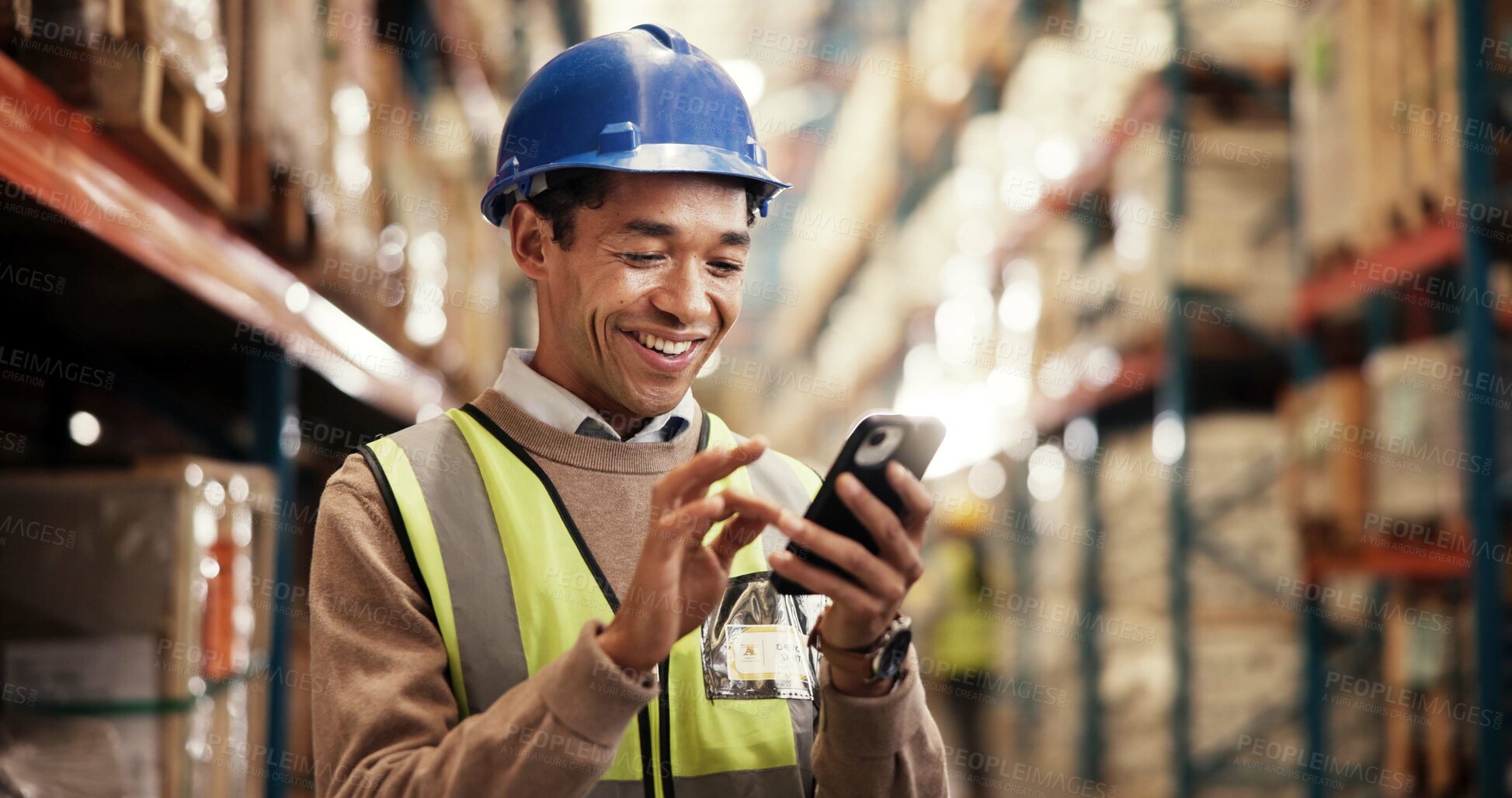 Buy stock photo Manufacturing, smile or man with cellphone, warehouse or connection with schedule review. Happy person, mobile user or employee in factory, smartphone or digital app for email, social media or export