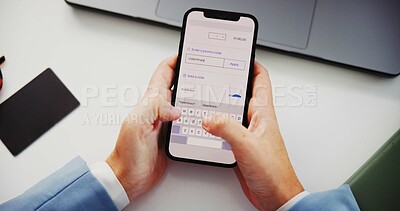 Buy stock photo Phone screen, business person and hands by credit card for online shopping at desk with payment discount. POV, technology and valentines promo code for deal, checkout and app with internet at work