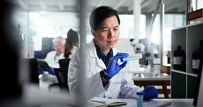 Buy stock photo Man, scientist or research with medical sample for experiment trial or test results at laboratory. Male person, science or information with chemical vial for new study, scientific exam or chemistry