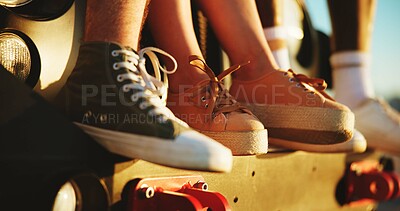Travel, feet and friends on vacation, road trip and bonding on journey with car, resting and group. Outdoor, shoes and people on vehicle for break, getaway and summer holiday for reunion or students