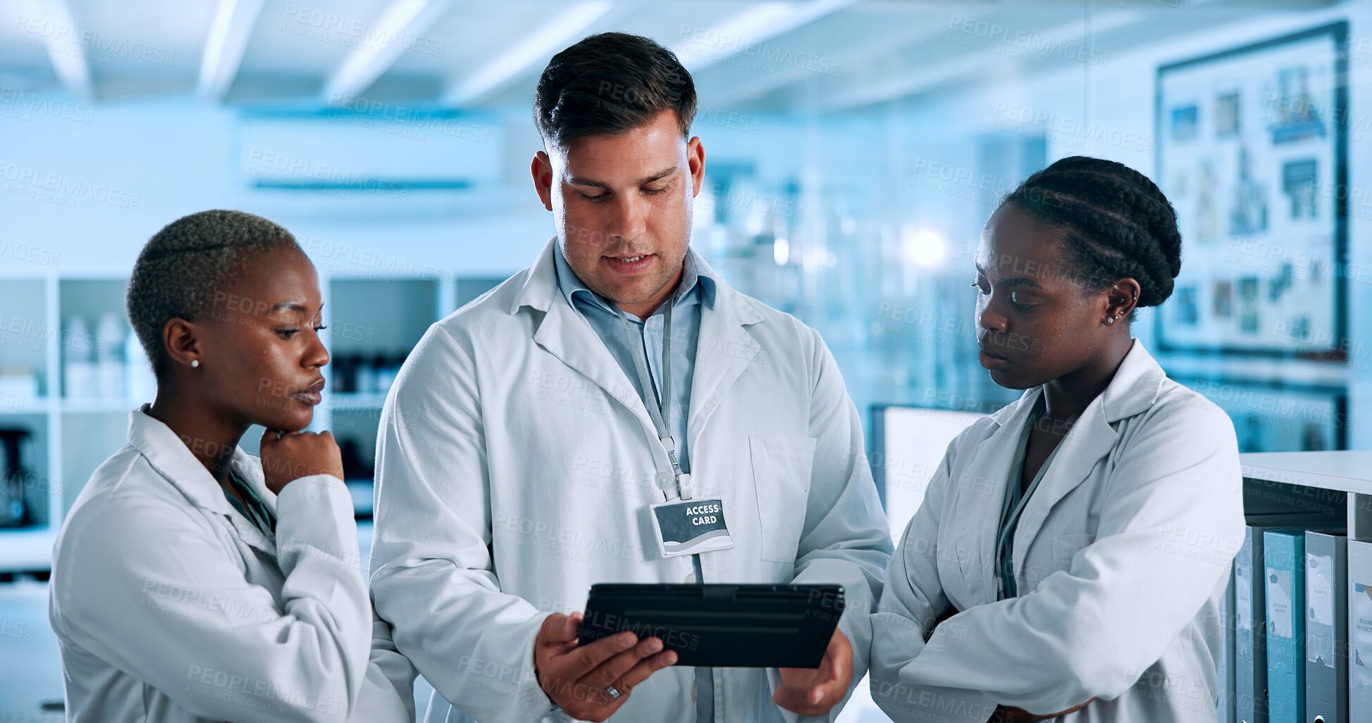 Buy stock photo Science, meeting and people on tablet in laboratory for results, medical research and discussion. Healthcare, pharmaceutical and scientists on digital tech for experiment report, feedback or teamwork