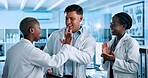 Science, laboratory and people high five to celebrate for study results, breakthrough and medical success. Healthcare, pharmaceutical and men and women on tech excited for research, discovery or cure