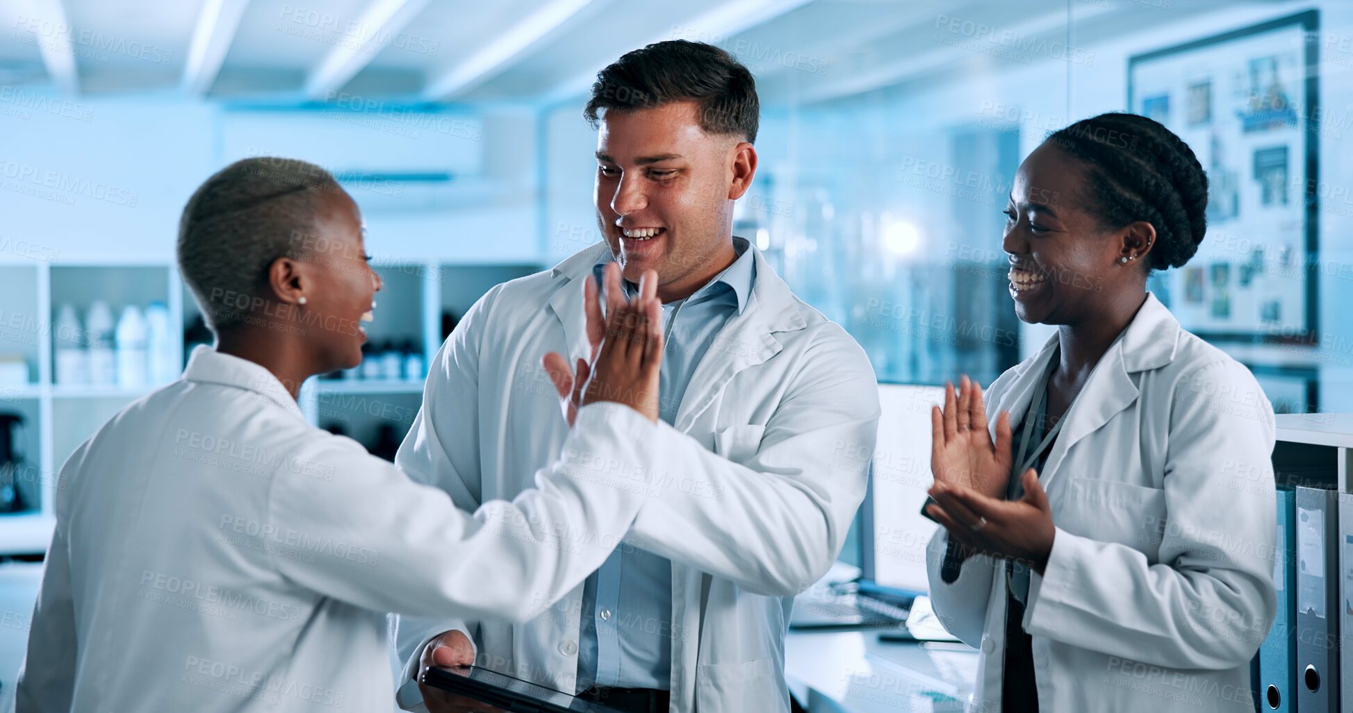 Buy stock photo Science, laboratory and people high five to celebrate for study results, breakthrough and medical success. Healthcare, pharmaceutical and men and women on tech excited for research, discovery or cure