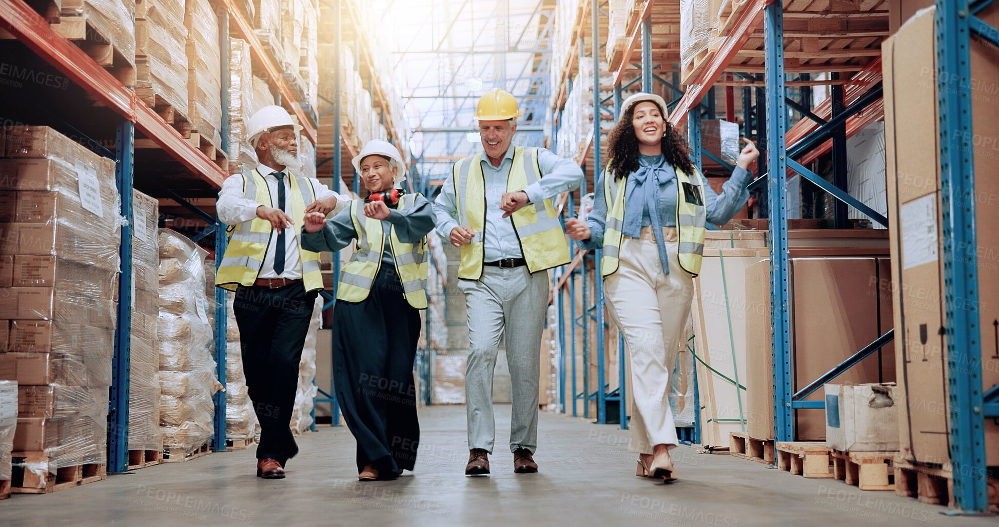 Buy stock photo Man, team and dancing for logistics, storage or smile for success with motivation, group or support at plant. People, mentor and women with cheers, celebration or goals for supply chain at warehouse