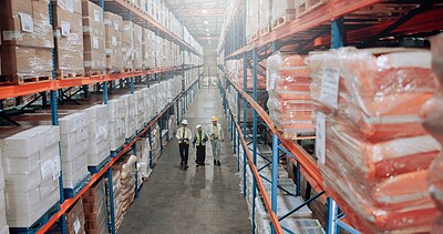 Buy stock photo Warehouse, management and team walking for logistics, stock inventory or inspection by shelves. Above industrial employees, mature people and supply chain with safety, depot or wholesale storage