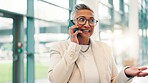 Business, woman and talk with phone call at airport for discussion, flight schedule and finance chat. Mature person, mobile and conversation for travel contact, booking update and investment feedback