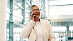Smile, business and woman with phone call at airport for discussion, flight schedule and finance chat. Mature person, mobile and conversation for travel contact, booking update and finance convention
