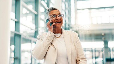 Buy stock photo Smile, business and woman with phone call at airport for discussion, flight schedule and budget chat. Mature person, mobile and conversation with travel contact, booking update and finance convention
