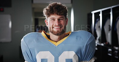 Buy stock photo Athlete, football player or smile in locker room for portrait, protective gear or confident for tournament. National sport, happy or man of the match in cloakroom for fitness, game or champion in USA