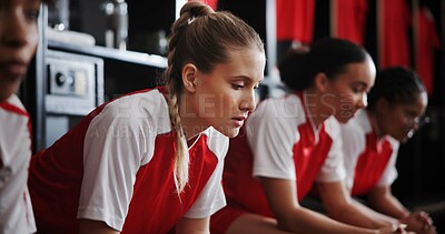 Buy stock photo Locker room, sports and woman with thinking for soccer, match competition and athlete with anxiety. Changing area, teammates and female person with contemplation for football, game and nervous player