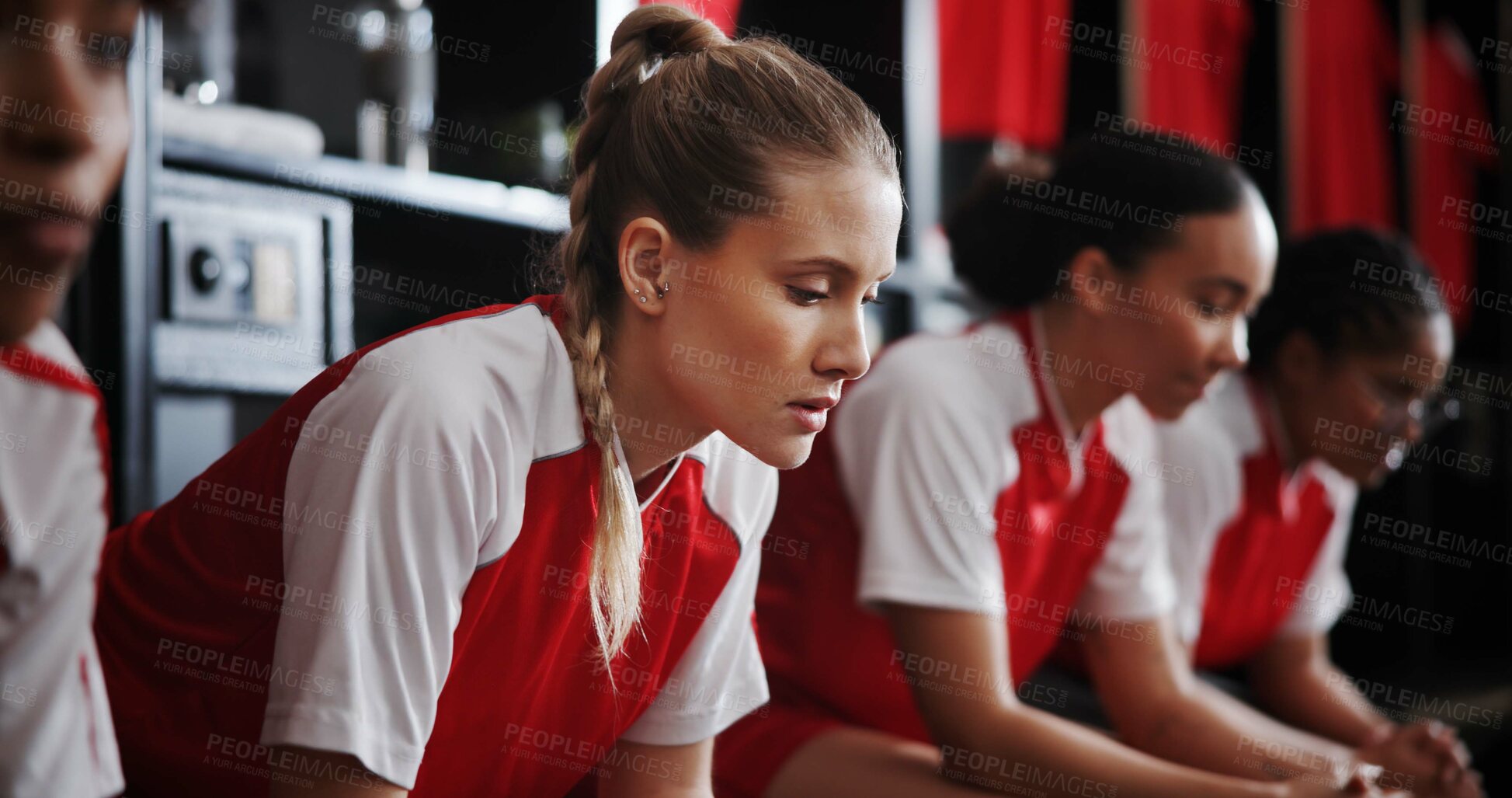 Buy stock photo Locker room, sports and woman with thinking for soccer, match competition and athlete with anxiety. Changing area, teammates and female person with contemplation for football, game and nervous player