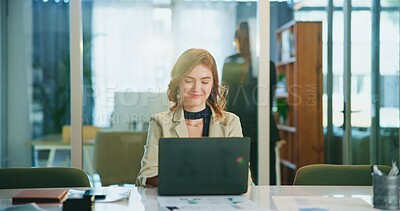 Buy stock photo Laptop, typing and business woman in office to check email, profit or investment banking. Computer, happy worker and reading report online for financial news, economy update or coworking on internet