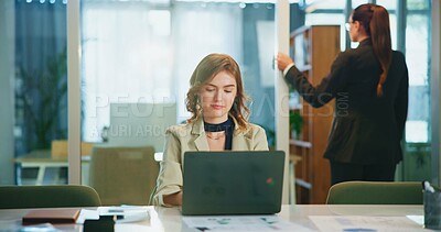 Buy stock photo Laptop, research and business woman in office to check email, revenue or investment banking on website. Computer, worker and reading online for financial news, economy update or coworking on internet