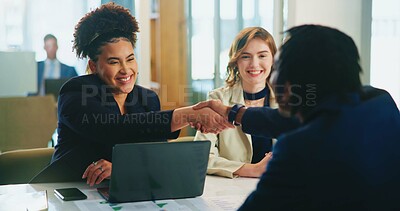 Buy stock photo People, meeting or handshake in job interview with candidate, manager or hiring opportunity. Shaking hands, employment or employer greeting applicant for company internship or recruitment process