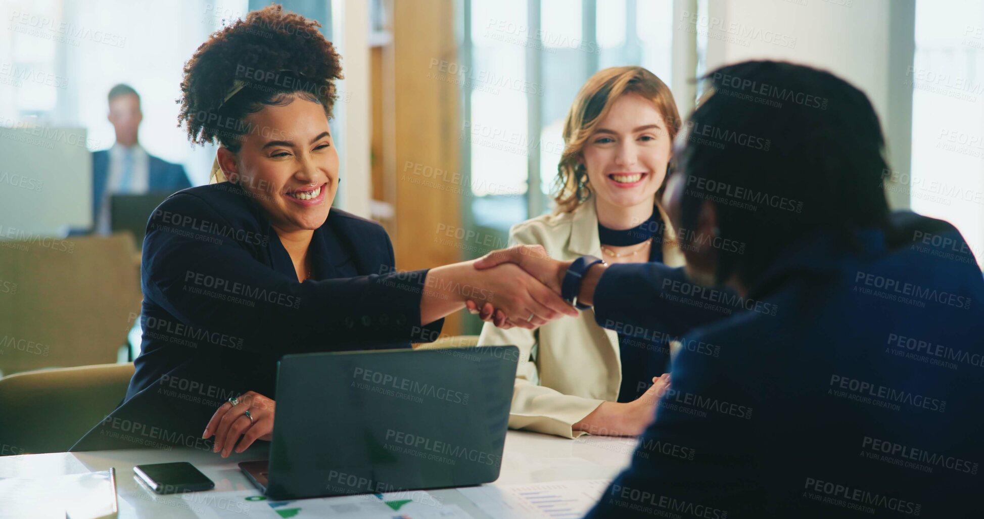 Buy stock photo People, meeting or handshake in job interview with candidate, manager or hiring opportunity. Shaking hands, employment or employer greeting applicant for company internship or recruitment process