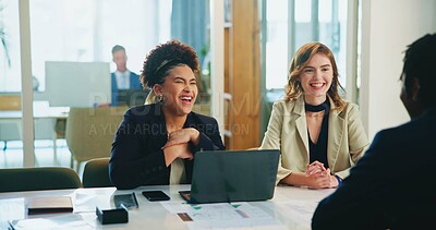 Buy stock photo Happy, meeting or laughing in job interview with business people for opportunity and hiring. Smile, employment or employer talking to applicant in hr for company internship or recruitment process