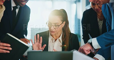 Buy stock photo Multitasking, paperwork and businesswoman in office with stress, burnout or overwhelmed for deadline. Documents, chaos and investment banker with time management for financial report with fatigue.