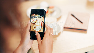 Buy stock photo Phone screen, hands and photography of breakfast, cafe or recommendation for restaurant on website. Coffee shop, influencer and person with mobile for picture, above or review of food on social media