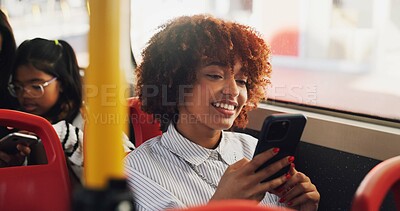 Buy stock photo Phone, happy and woman on bus online for checking university exam results on mobile app with travel. Cellphone, college and female student reading acceptance email on public transportation in city.
