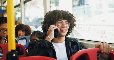 Buy stock photo Phone call, smile and man on bus for travel with communication, networking or contact for university. Cellphone, happy and male student on mobile conversation for college results on public transport.