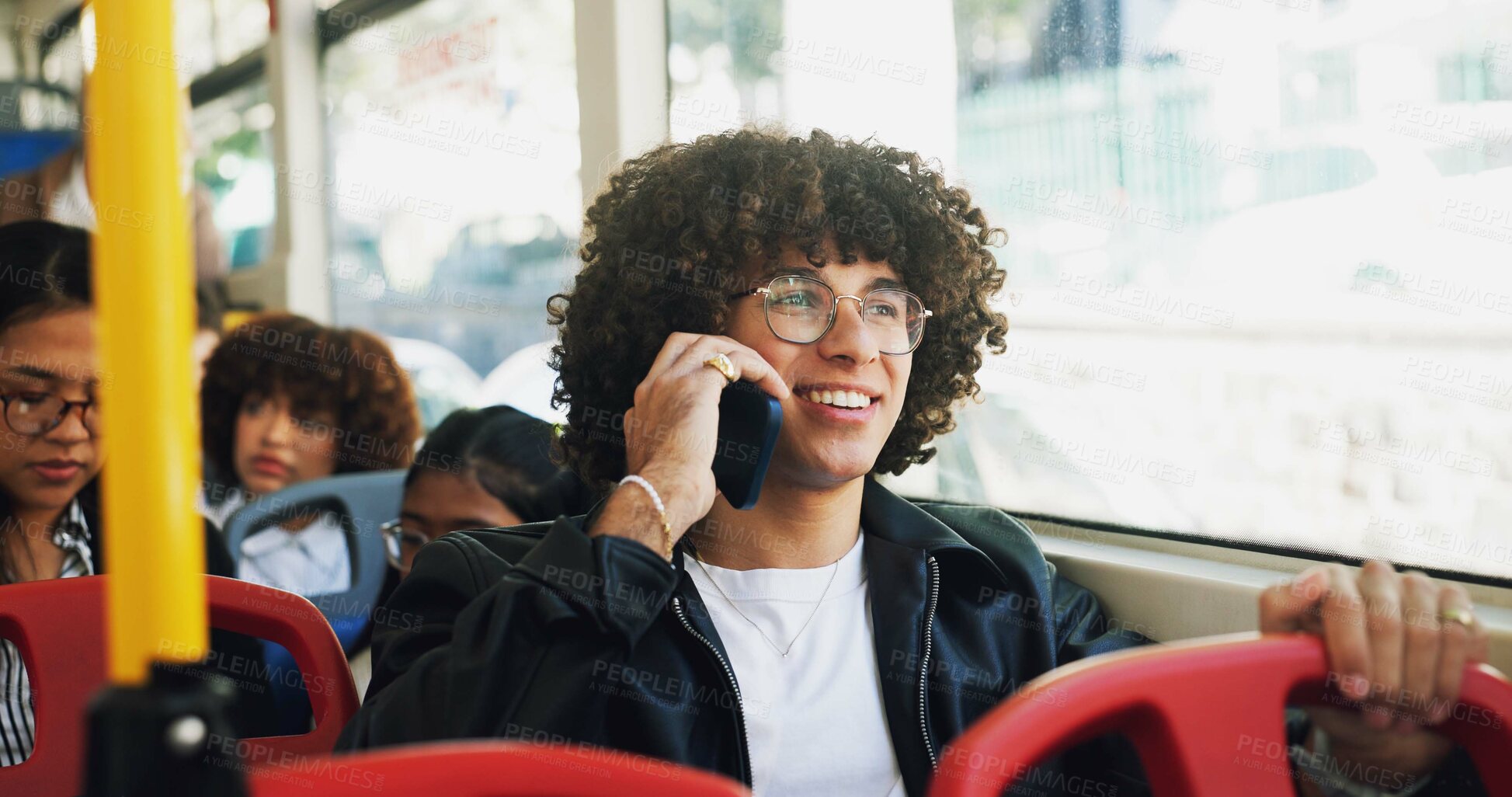 Buy stock photo Phone call, smile and man on bus for travel with communication, networking or contact for university. Cellphone, happy and male student on mobile conversation for college results on public transport.