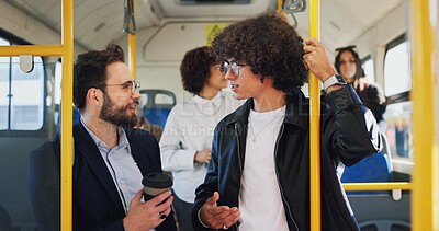 Buy stock photo Bus, people and men with conversation, travel and morning commute with public transportation. Passengers, friends and story with discussion, vehicle and urban town with journey, talking or directions