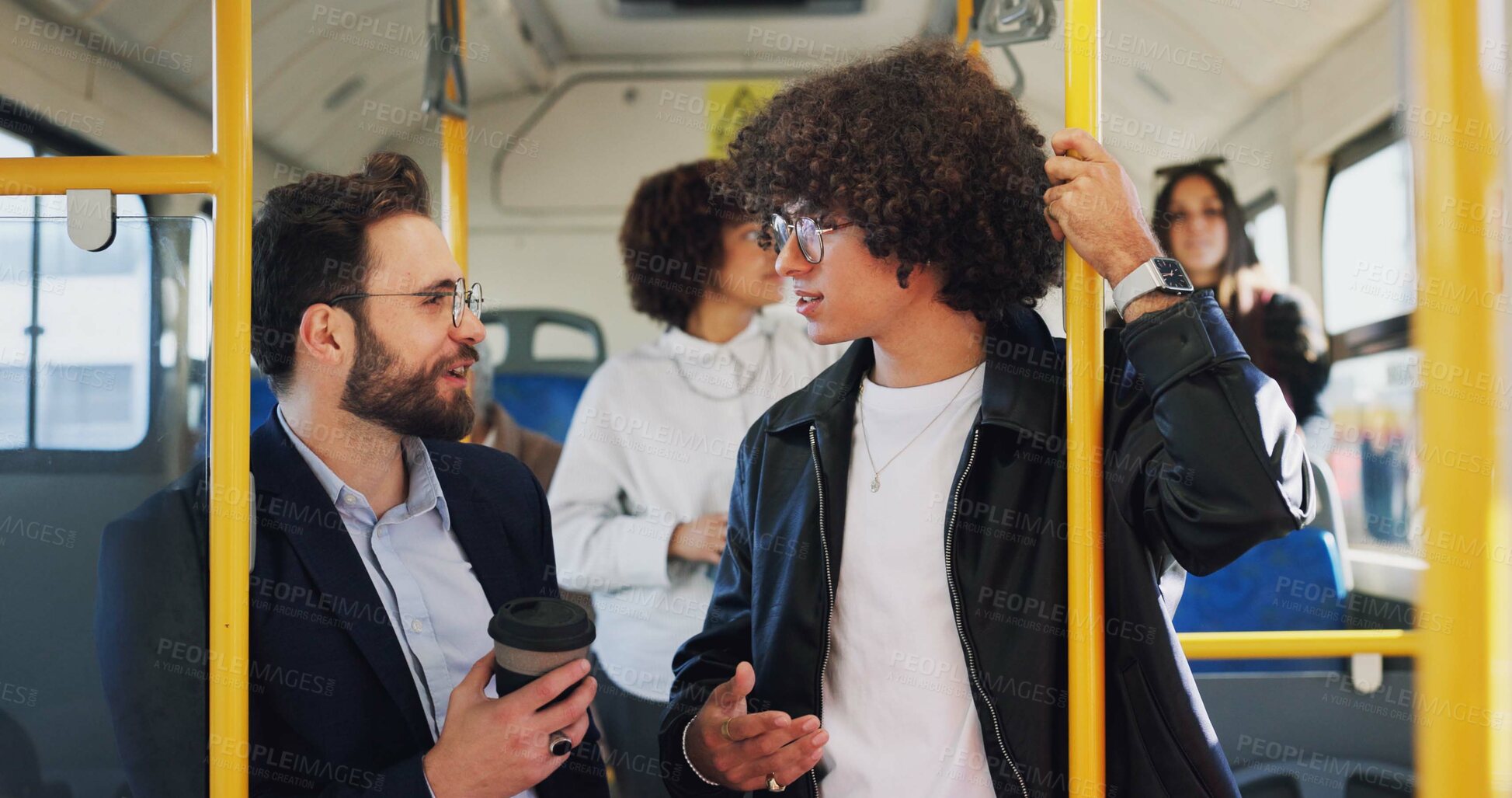 Buy stock photo Bus, people and men with conversation, travel and morning commute with public transportation. Passengers, friends and story with discussion, vehicle and urban town with journey, talking or directions
