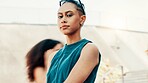 Portrait, fashion and confident woman in city with streetwear, edgy clothes and aesthetic. Cool, female person and swag outdoor with trendy sunglasses, urban outfit and serious with gen z style