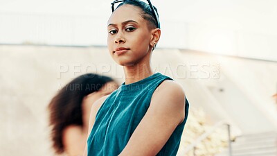 Buy stock photo Portrait, fashion and confident woman in city with streetwear, edgy clothes and aesthetic. Cool, female person and swag outdoor with trendy sunglasses, urban outfit and serious with gen z style