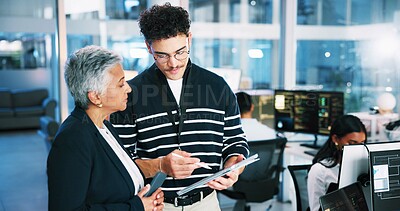 Buy stock photo Web developer, tablet and advice with woman in office for software system or website update. Night, designer or backend engineer with feedback for company development or workplace project management